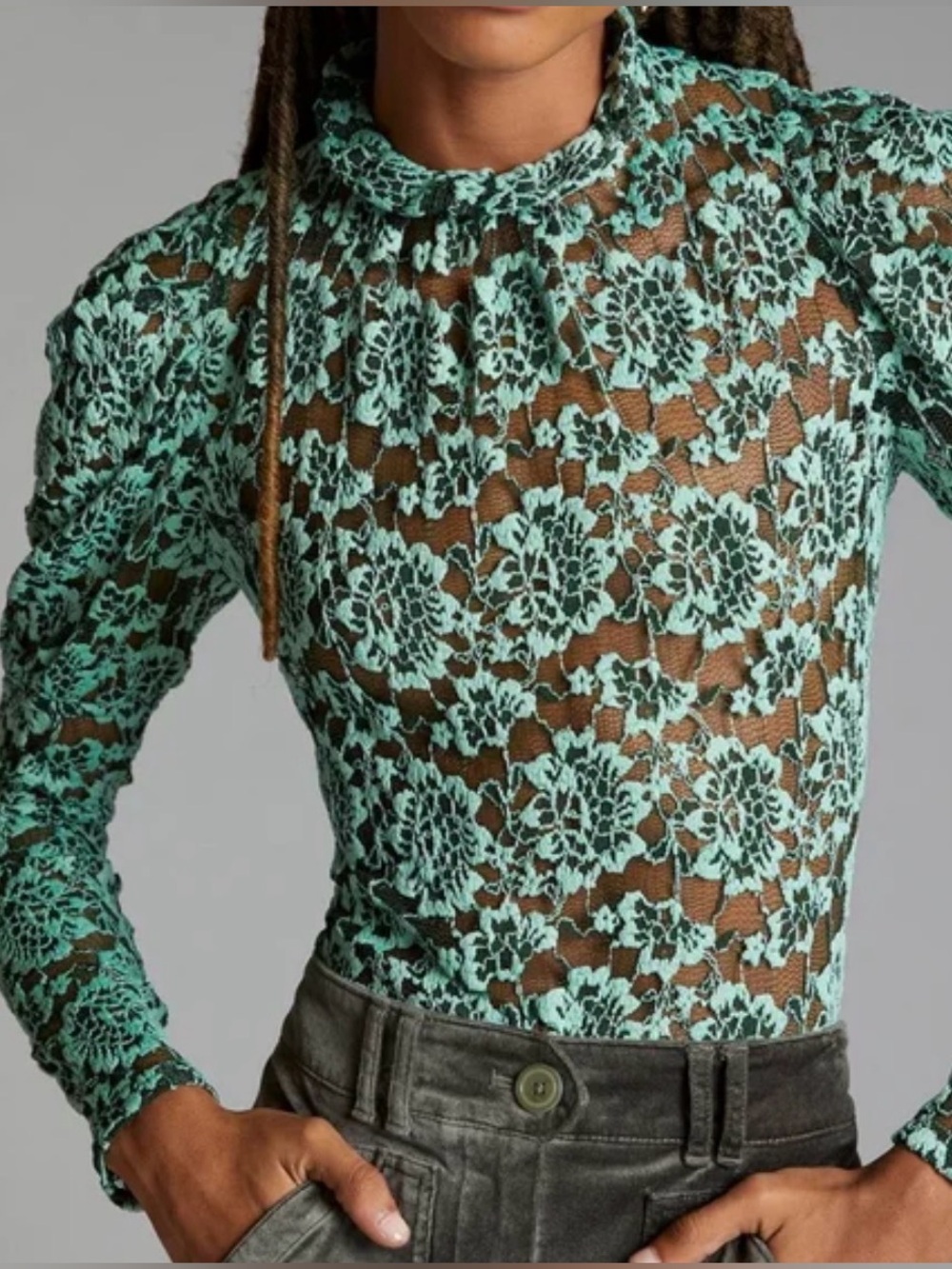 Anthropologie Dolan Small Mint Green Sheer Lace Mock Puff Long Sleeve Dressy Top